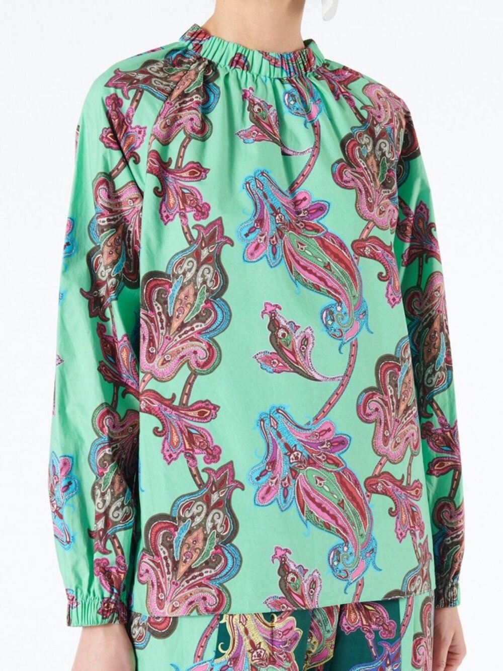 Tibi Mint Multi Paisley Cotton Shirred Neck Top
